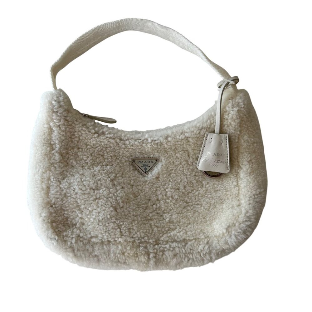 Prada Re-Edition 2000 White Shearling Bag W/ Silver-Tone Hardware & Zip Closure